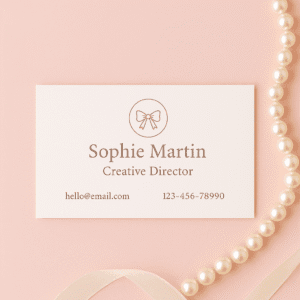 A Custom Business Card for Sophie Martin, Creative Director, featuring a bow icon with her email and phone on a pink background, displayed beside pearls and a cream ribbon.