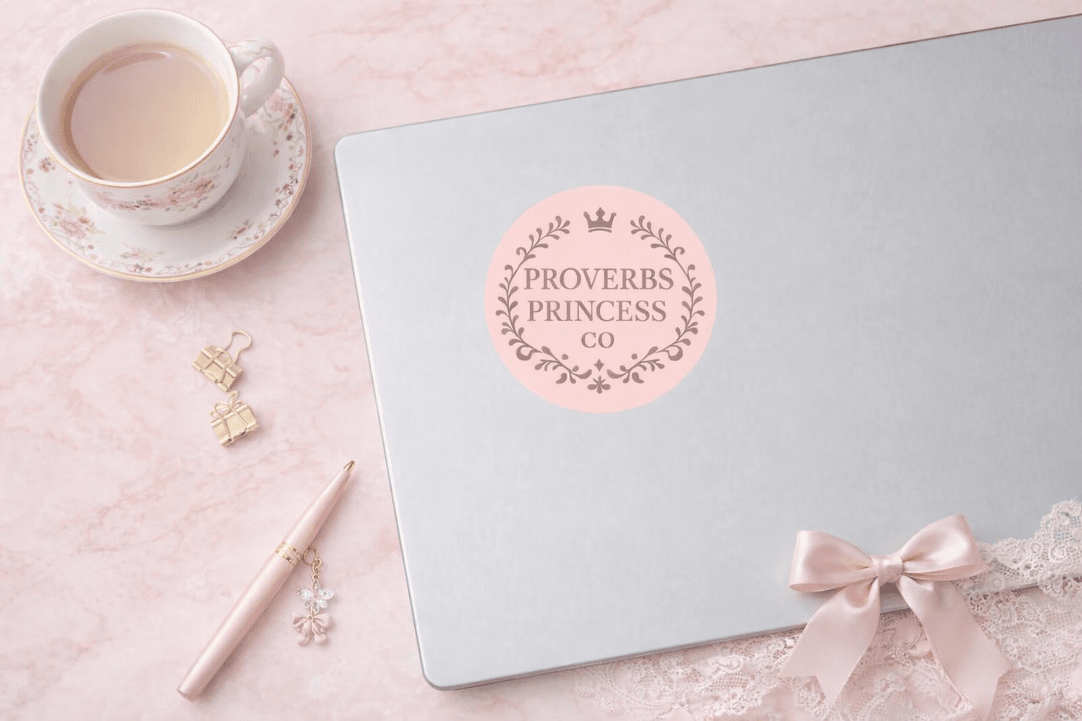 A closed silver laptop with a pink “Proverbs Princess Co” sticker, next to a cup of tea, saucer, pen, earrings, and a ribbon on a lace and pink marble surface.