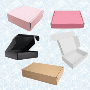Five mailer boxes in pink, black, white, and brown are shown on a light blue floral background; some boxes are open to reveal interiors while others are closed.