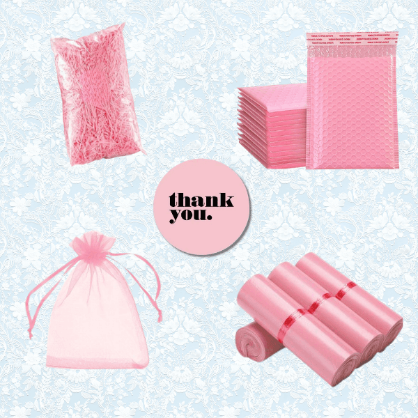 A collage of pink packaging supplies: shredded filler, bubble mailers, a mesh drawstring bag, rolls of plastic bags, and a round sticker reading thank you. Background is light blue with a subtle floral pattern.